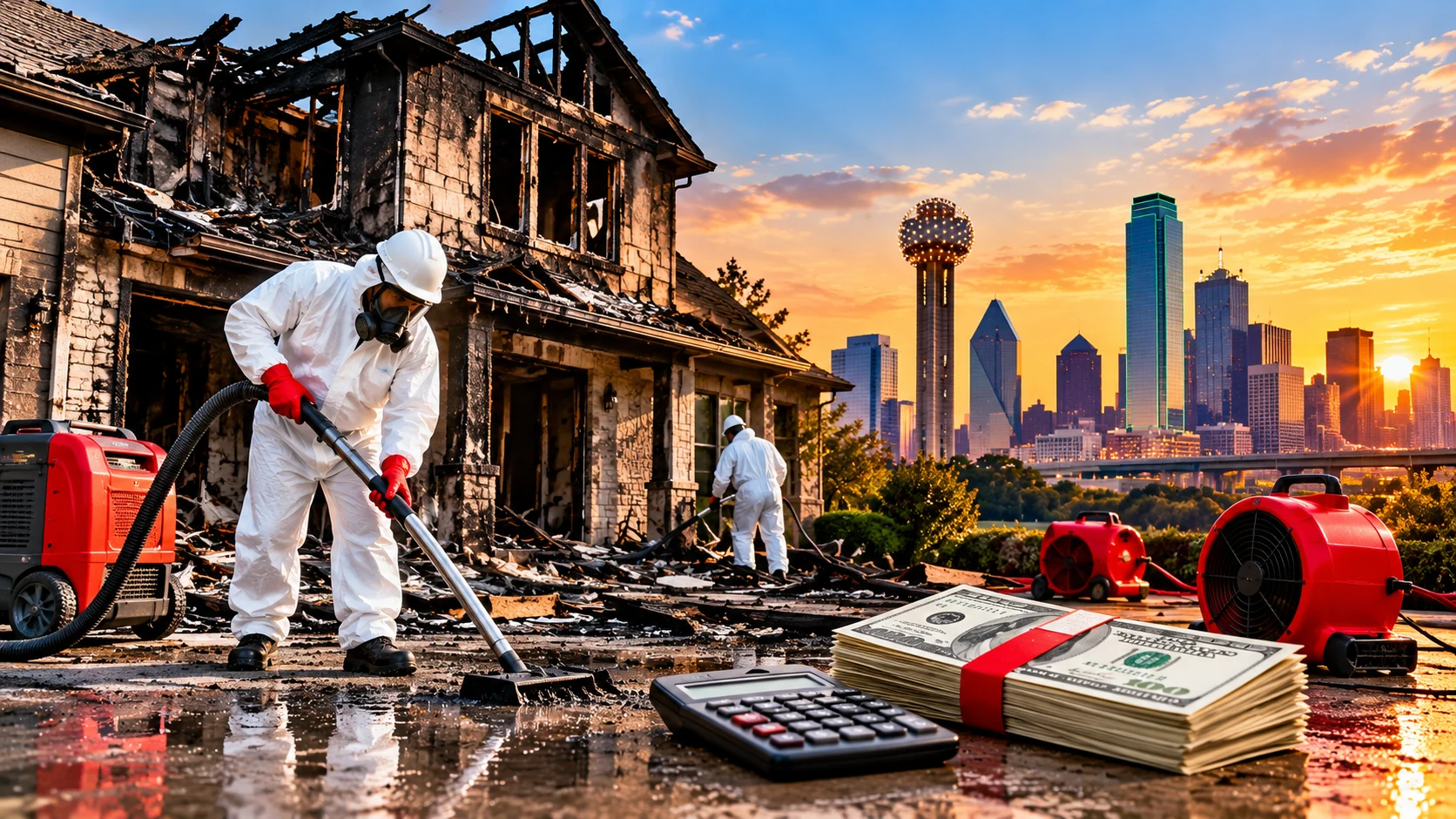 Fire damage restoration technician in PPE vacuuming soot outside a burned Dallas home, with a calculator and cash illustrating restoration cost, Dallas skyline at sunset