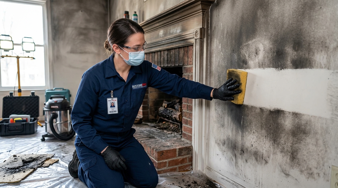 Restoration specialist testing acidic soot residue on an interior wall with a chemical dry cleaning sponge