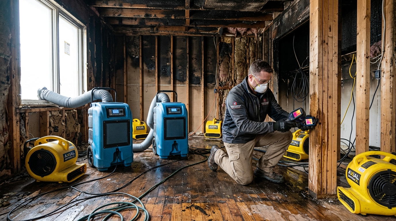 Industrial LGR dehumidifiers and axial air movers drying water-damaged timber subfloors after fire extinguishing