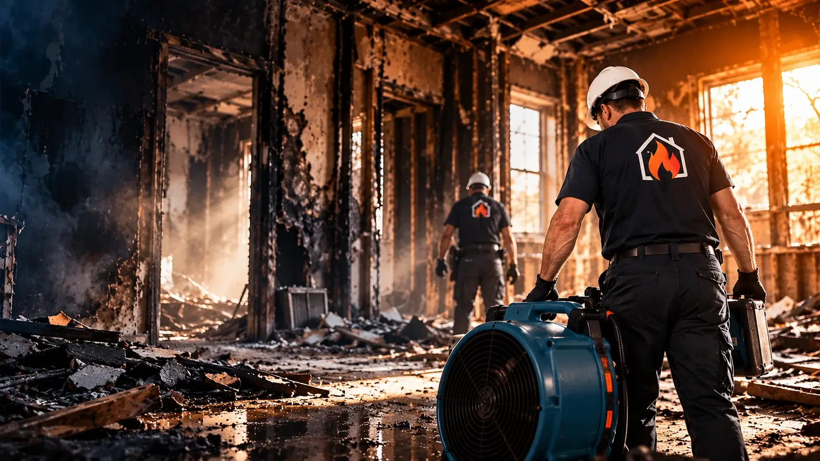 Fire damage restoration technicians operating industrial drying equipment inside a fire-damaged Dallas property at sunset