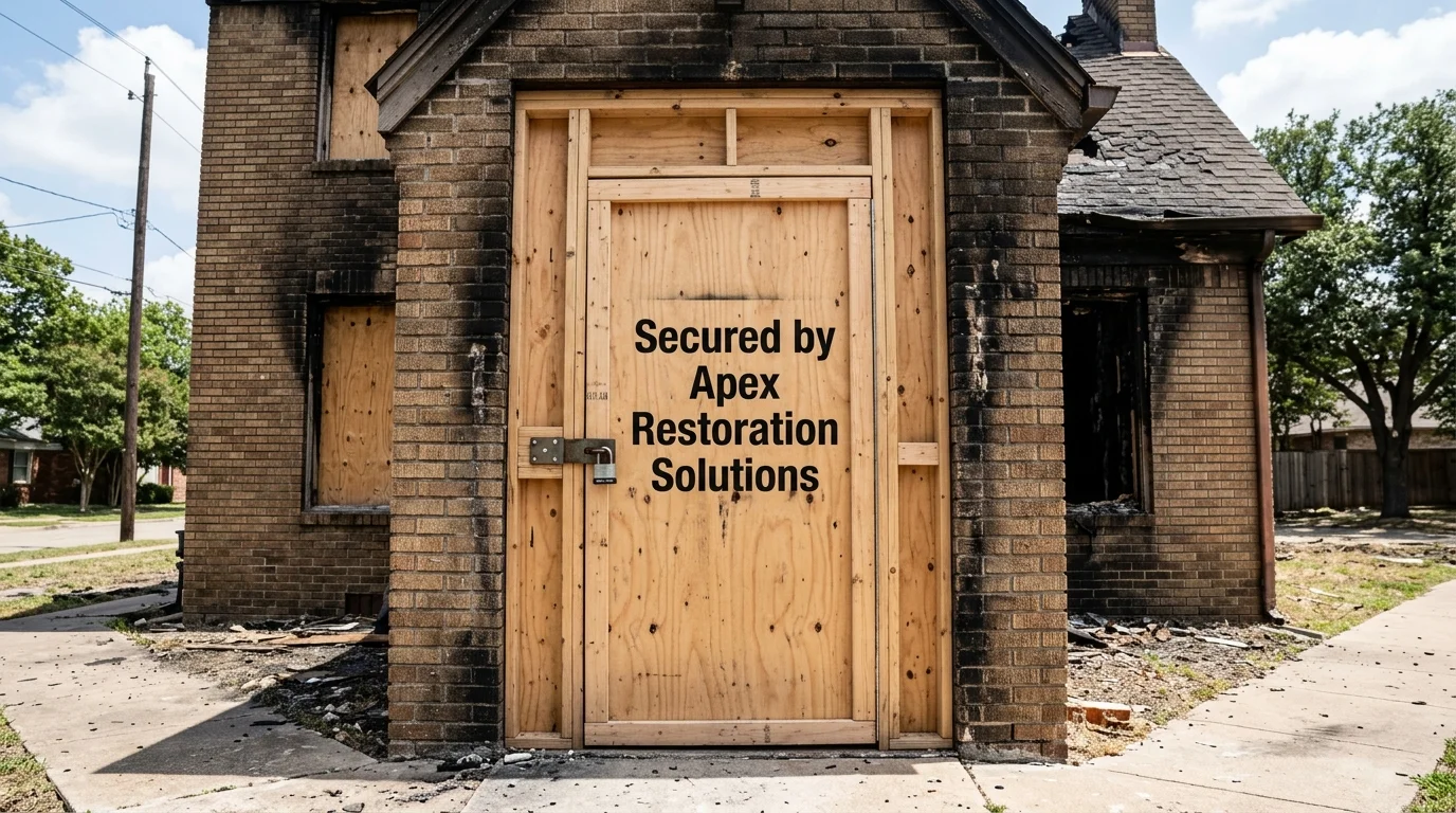 Apex Restoration Solutions heavy-duty exterior door board-up with secure keyed access installed after a Dallas house fire