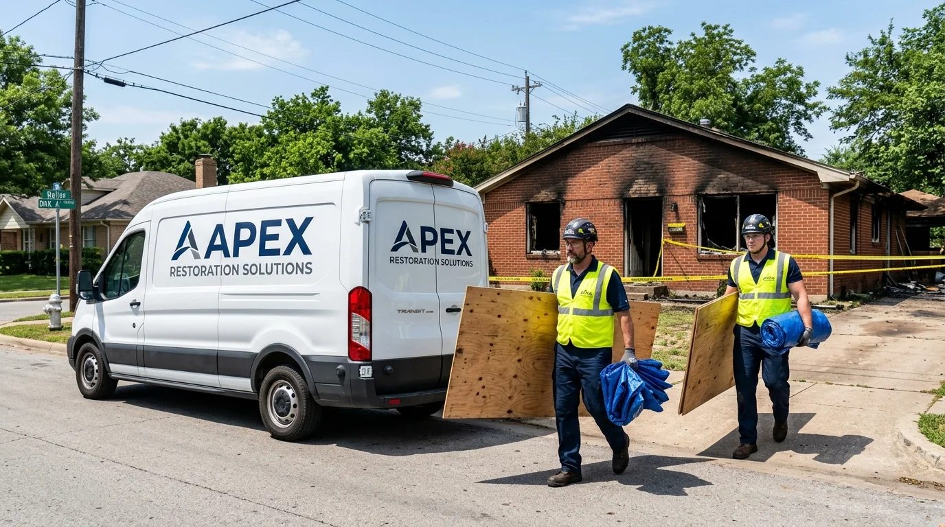 Apex Restoration Solutions technician conducting industrial HEPA vacuum ash cleanup in a Dallas residence