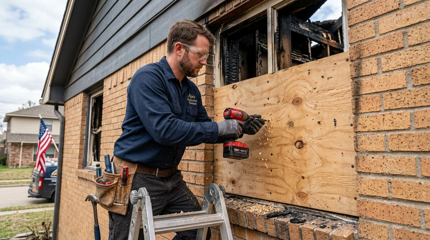 Apex Restoration Solutions technician fastening exterior-grade CDX plywood over a fire-damaged window opening in Dallas TX