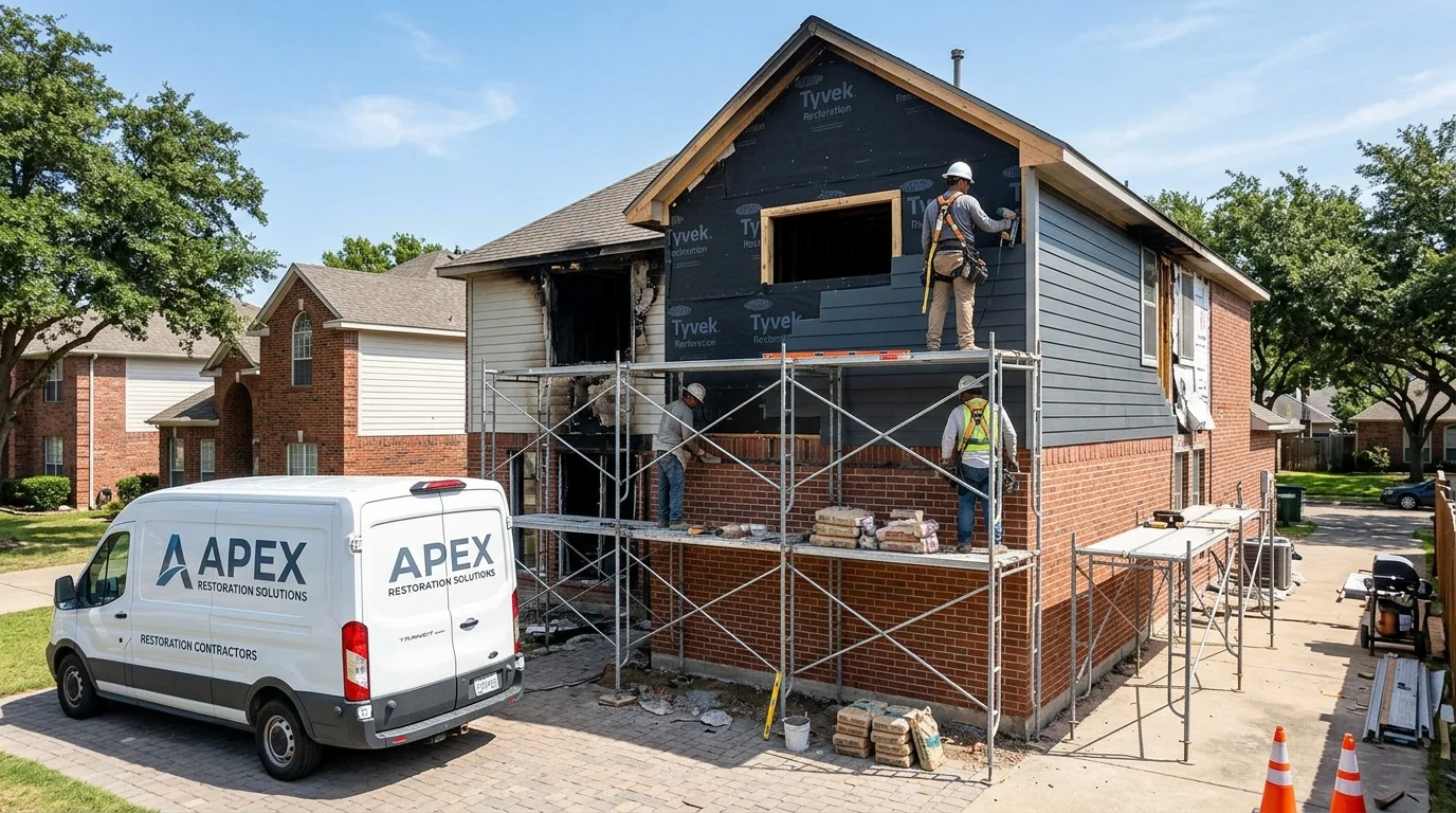 Restoration contractors rebuilding exterior brick veneer and weather barrier siding in Dallas