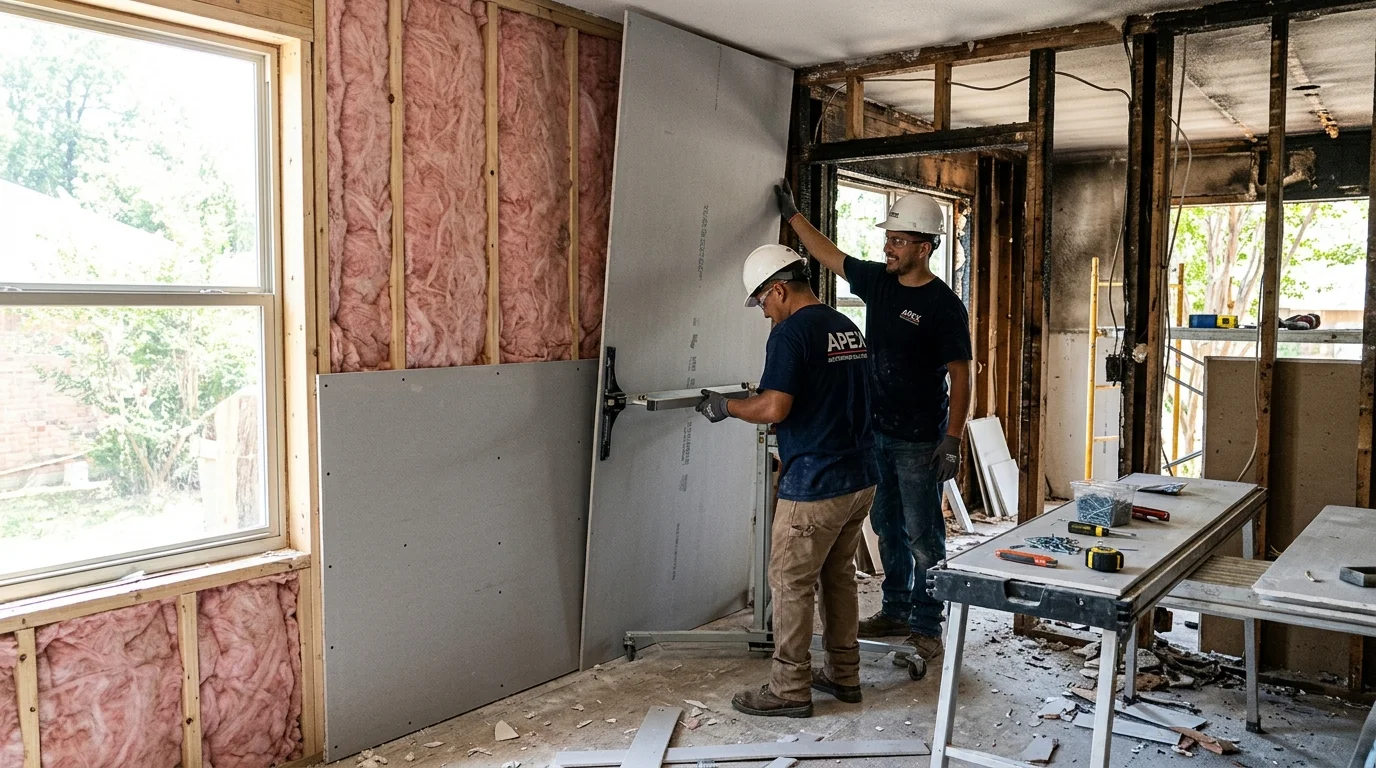 Apex Restoration Solutions interior restoration crew rebuilding fire-damaged bedroom walls and insulation in Dallas
